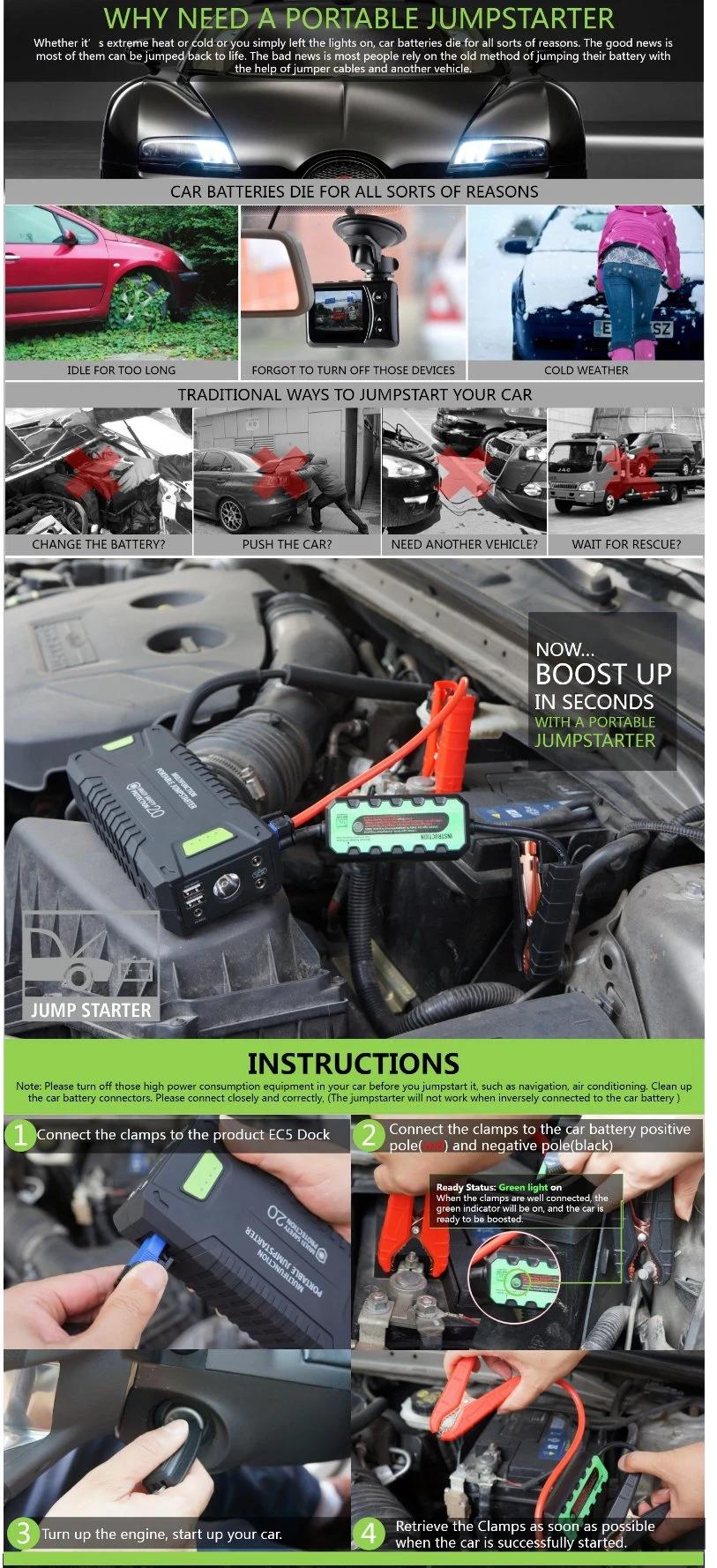 Portable Emergency Power Booster Car Battery Jump Starter for Charing/Lighting