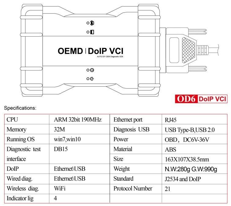 Od6 Doip Vci Multiple in One J2534/Doip OE Diagnostic Tool for Jaguar, Rover, Benz, BMW, VW, Honda, Toyota