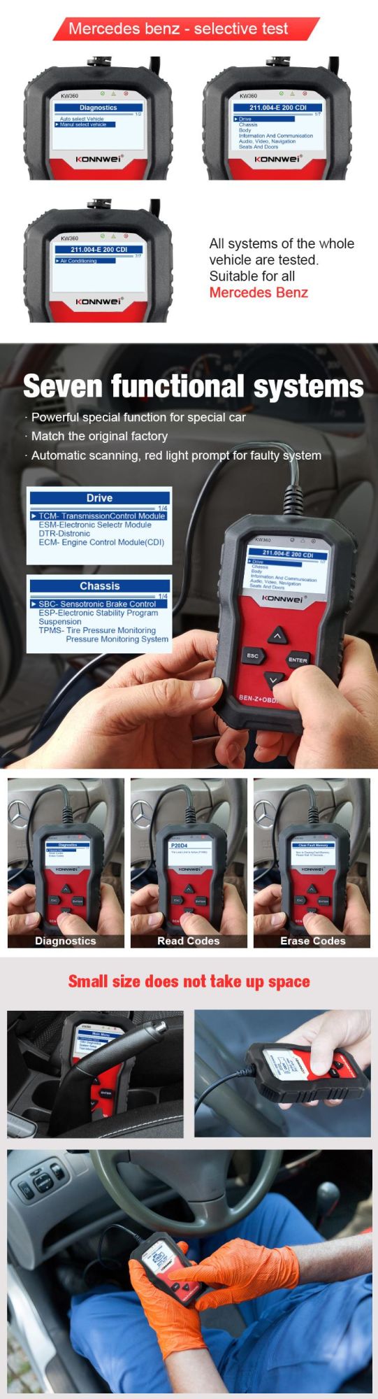 Konnwei Kw360 OBD2 Code Reader Mercedes-Benz Dedicated All System Engine ABS Brake Oil Reset Car Diagnostic Scanner Tool