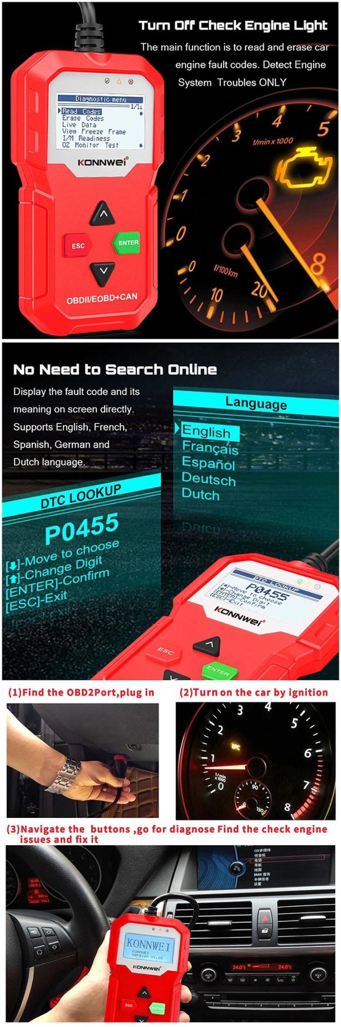 Konnwei OBD2 Scanner, Universal OBD II Auto Diagnostic Scanner Car Engine Fault Code Reader-Scan Tool
