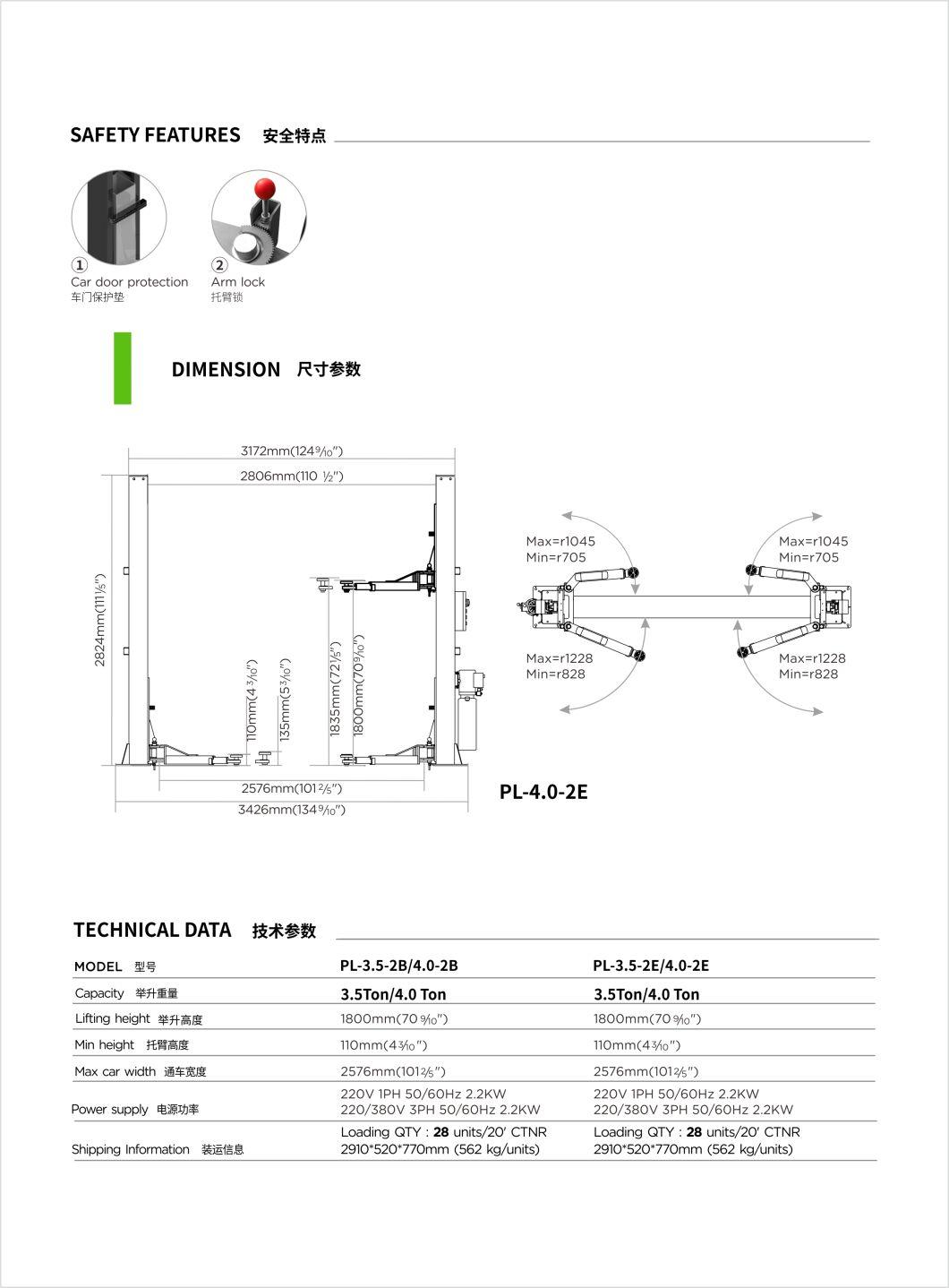 Puli 3.5t/7716lbs Two Post Car Lift Floor Plate Hydraulic Car Jack Hydraulic Lift on Sale Pl-3.5-2b